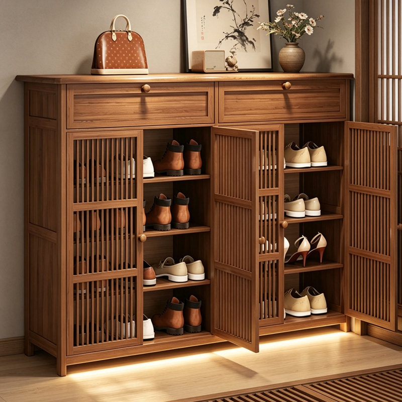 Armoire à chaussures 51,18 po en bois massif minimaliste avec portes à lattes respirantes - rangement spacieux pour le vestibule