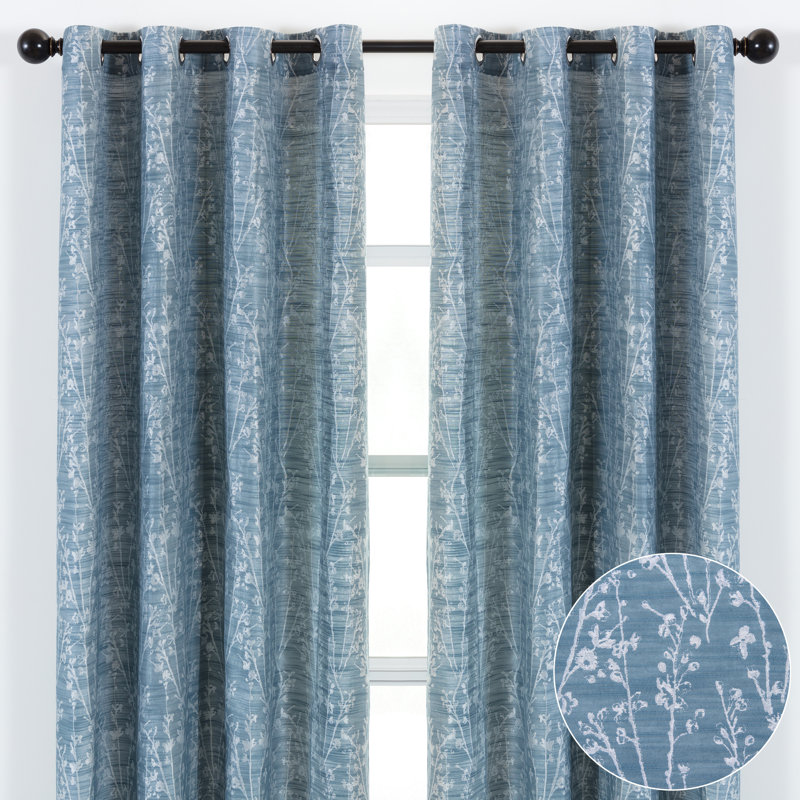Floral Semi-Sheer Grommet Curtain Panels, Teal, 52" W x 63" L