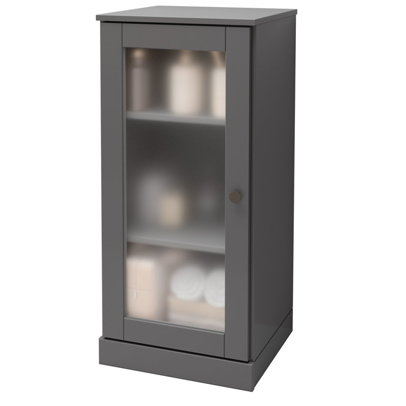 Armoire de salle de bain 100% bois massif 16,5 po avec porte en verre givré et tablettes réglables, Gris