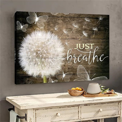 White Dandelion And Butterflies Just Breathe Quotes Poster Brown Rustic Wall Art Canvas Paintings Beautiful Decorative Home Decor Pictures Framed Country Wall Decor Prints For Bedroom Nursery 28"X40"