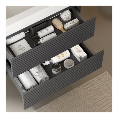 Meuble-lavabo mural VENO 24 po seulement - Rangement en contreplaqué gris avec tiroirs à fermeture amortie, sans lavabo ni robinetterie