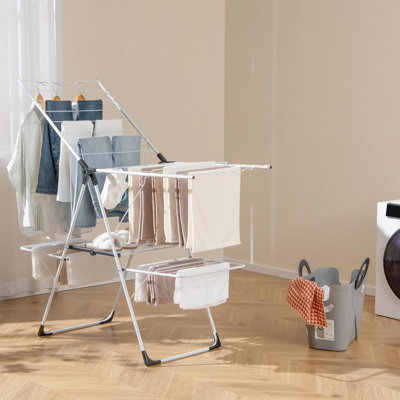 Séchoir à linge, séchoir à linge pliable en acier inoxydable à 2 niveaux avec hauteur réglable à 6 niveaux, pinces utiles, séchoir à linge pliant autoportant et pliable