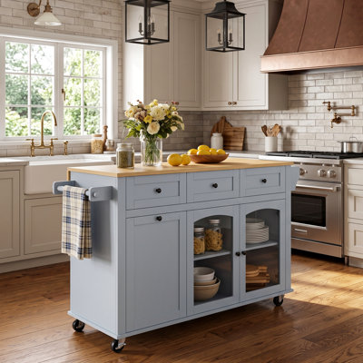 Merrick Modern Farmhouse Wood Kitchen Island with Glass Door Cabinet, Hidden Trash Bin Storage & Rolling Prep Table for Kitchen & Dining Room
