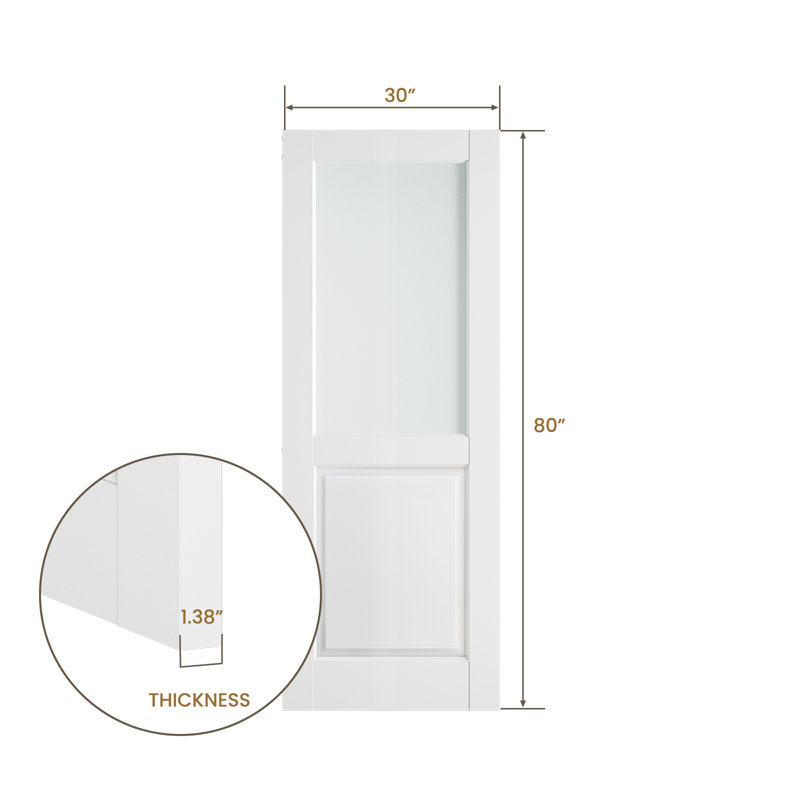 Half Frosted Glass Slab Door Solid Manufactured Wood White Primed Standard Door Without Frame and Hardware Kit, 30 x 80 po