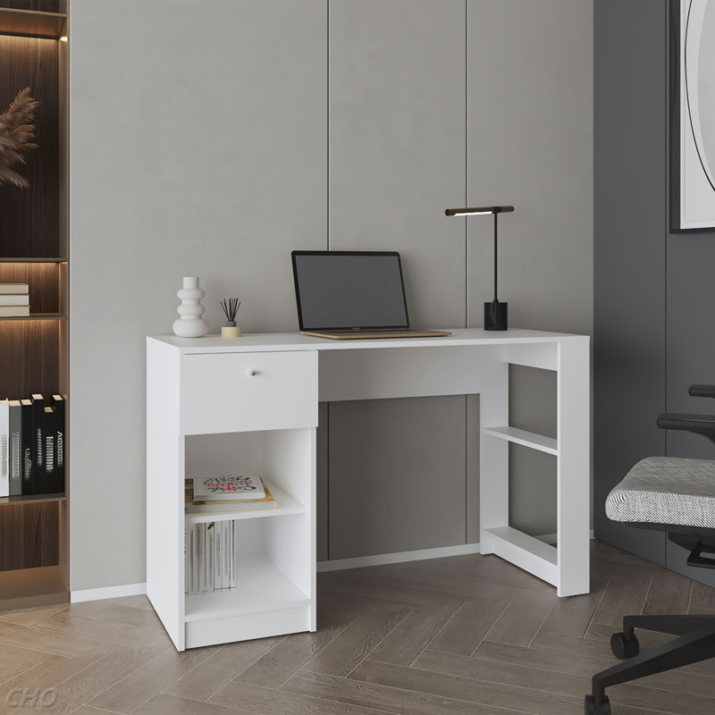 Bureau d'ordinateur, 1 tiroir, 2 tablettes, Blanc