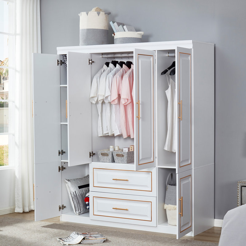 74 po H, 4 portes, 2 tiroirs avec tringles de suspension, garde-robe en bois blanc