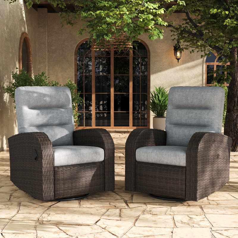  Ensemble de 2 fauteuils inclinables et pivotants en osier pour l'extérieur, Coussin gris / cadre brun
