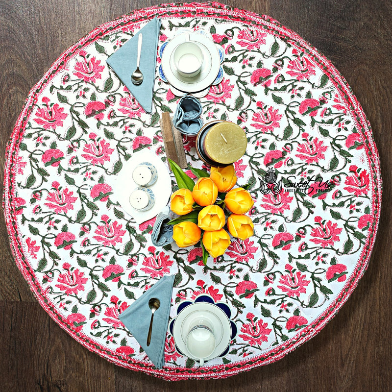 Block Print Cotton Floral Tablecloth White Red, 72" Round