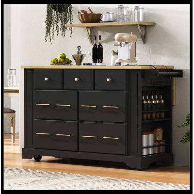 Kitchen Island With 6 Drawers, Pull Out Trash Can Storage, Drop Leaf & Power Outlet, Rolling Kitchen Island On 5 Wheels With 5 Open Racks, Black