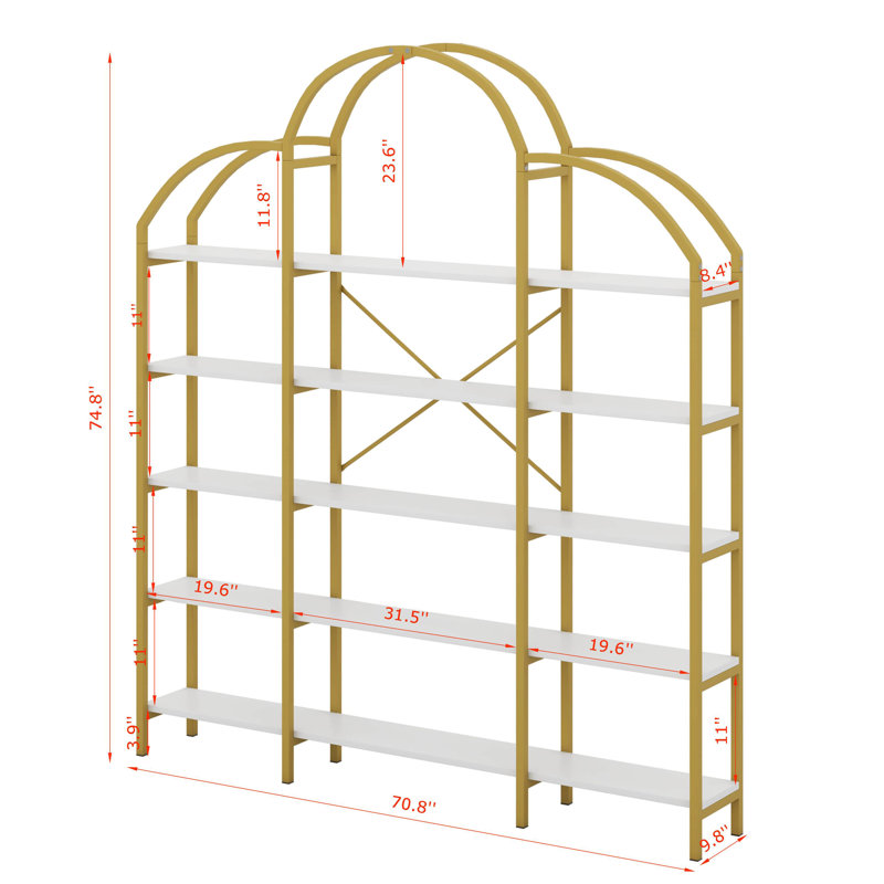 74.8 Inch 5 Tiers Office Bookcase Bookshelf, Display Shelf With Round Top, X Bar