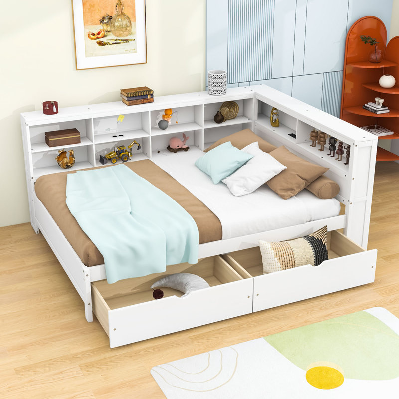Lit de jour en bois Haileyjo avec 2 tiroirs, chargement USB et tablettes, Double, Blanc
