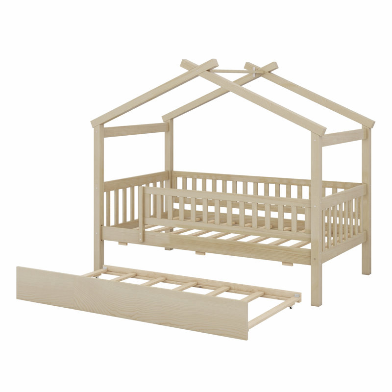 Wooden house bed with trundle