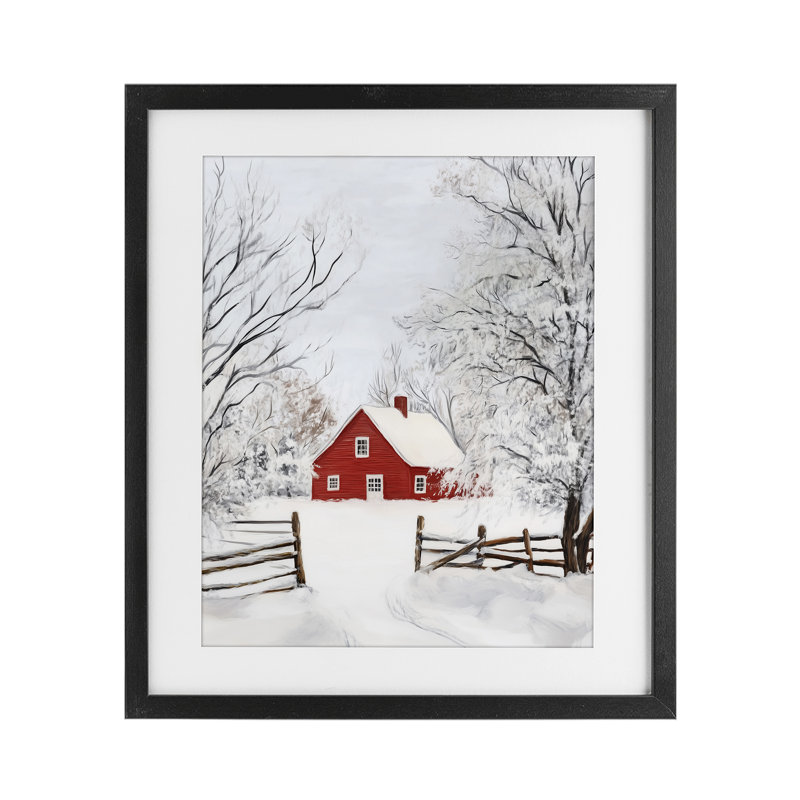 «Red Farmhouse in Snow», reproduction encadrée sous verre, design par Arlington Prints, H 16 po x l 13 po, Cadre noir minuit
