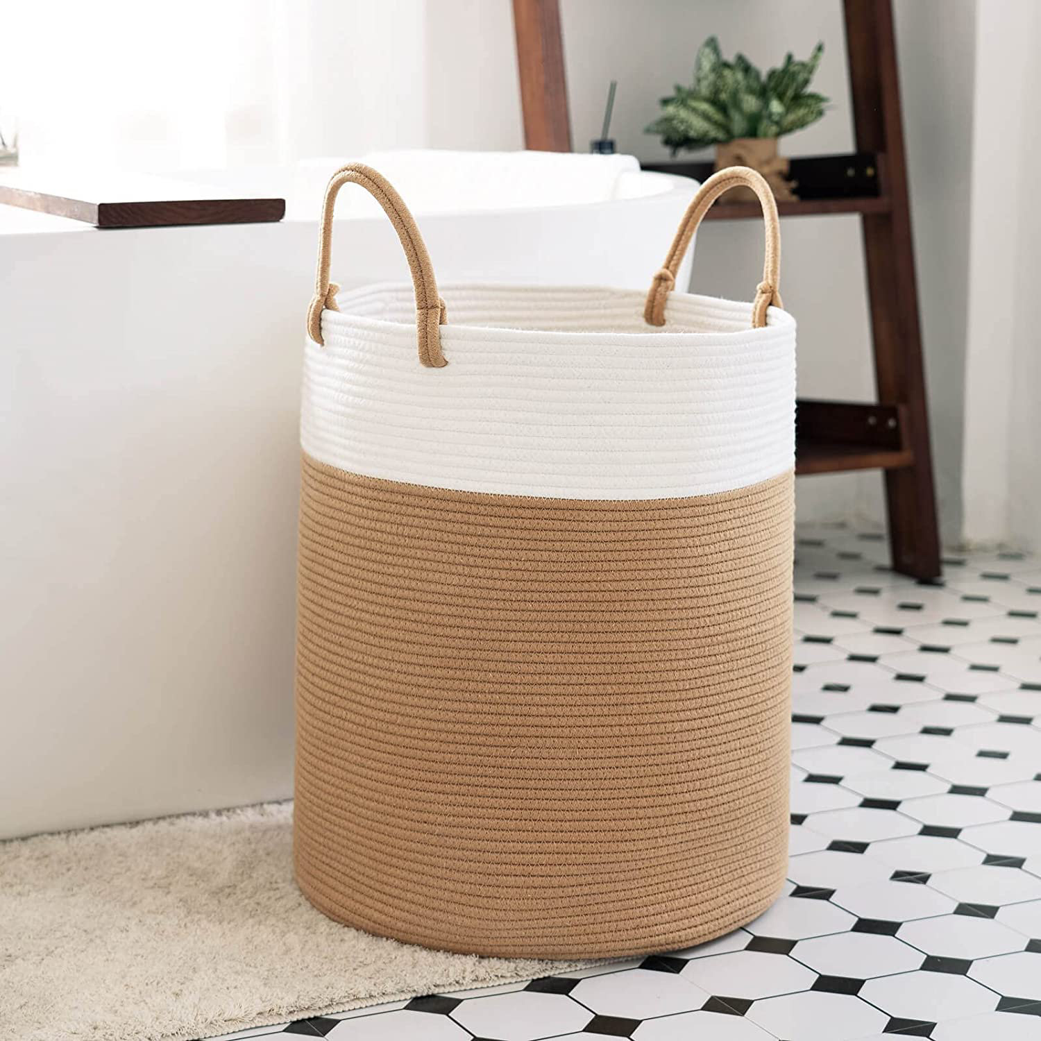 Gracie Oaks XLarge Round Cotton Rope Storage Basket Bin Organizer Laundry Hamper with Leather Handles, 21 x 21 x 14, Extra Large Blanket Woven Toy Basket for Baby
