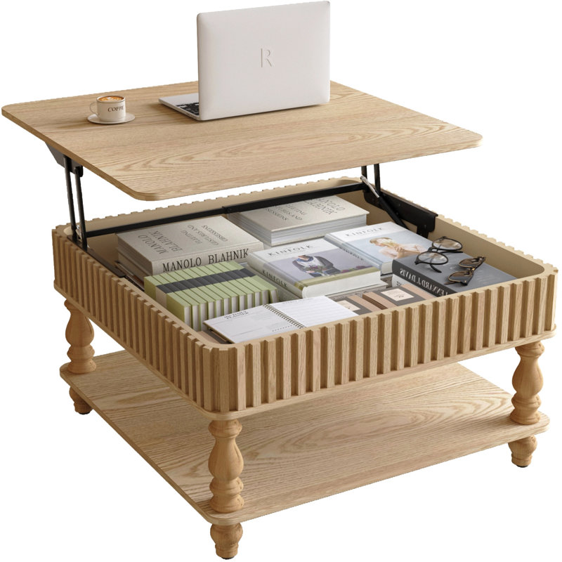 Fluted Lift-Top Coffee Table Hidden Open Storage Solid Wood Legs, Natural Wood
