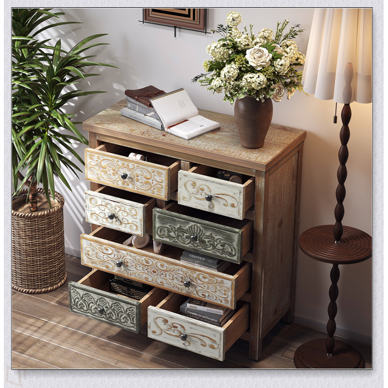 Commode d'appoint rétro en bois avec 6 tiroirs, commode de rangement rustique multicolore sculptée pour chambre à coucher, salon, décor de style campagnard (L 25,59 po x l 12,6 po x H 33,07 po)