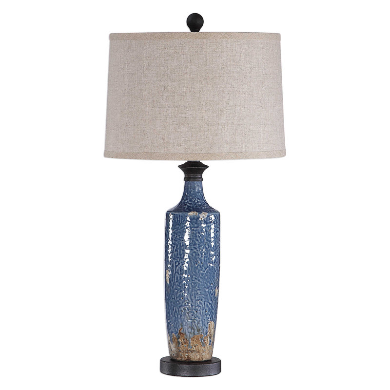  Mottled Blue Ceramic Table Lamp 23.5" H With Drum Hardback Linen Shade