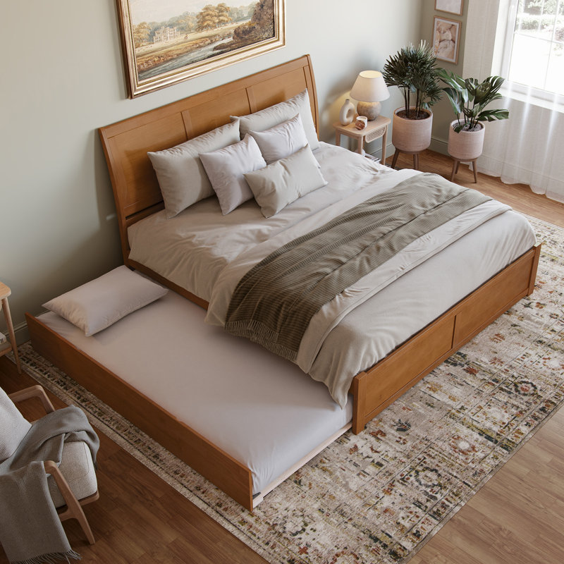 Portland Solid Wood Platform Bed with Panel Footboard and Trundle, King, Light Toffee