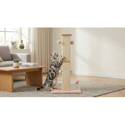 Grattoir pour chat 32 pouces avec jouets suspendus, grattoir en corde de sisal de qualité supérieure pour chats de tous âges, beige