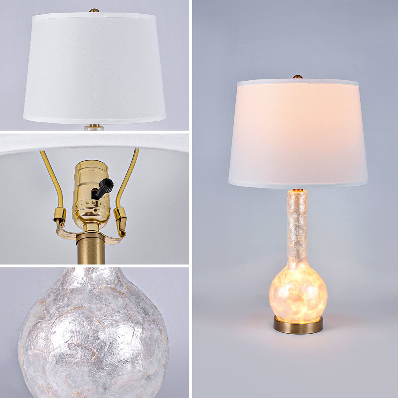 25.5'' Coastal Luxury Capiz Shell Table Lamp with Nightlight, 4-Way Control, Living Room Bedroom Decor, Modern Glam Decorative Bedside Lamp with White Linen Shade, Handcrafted