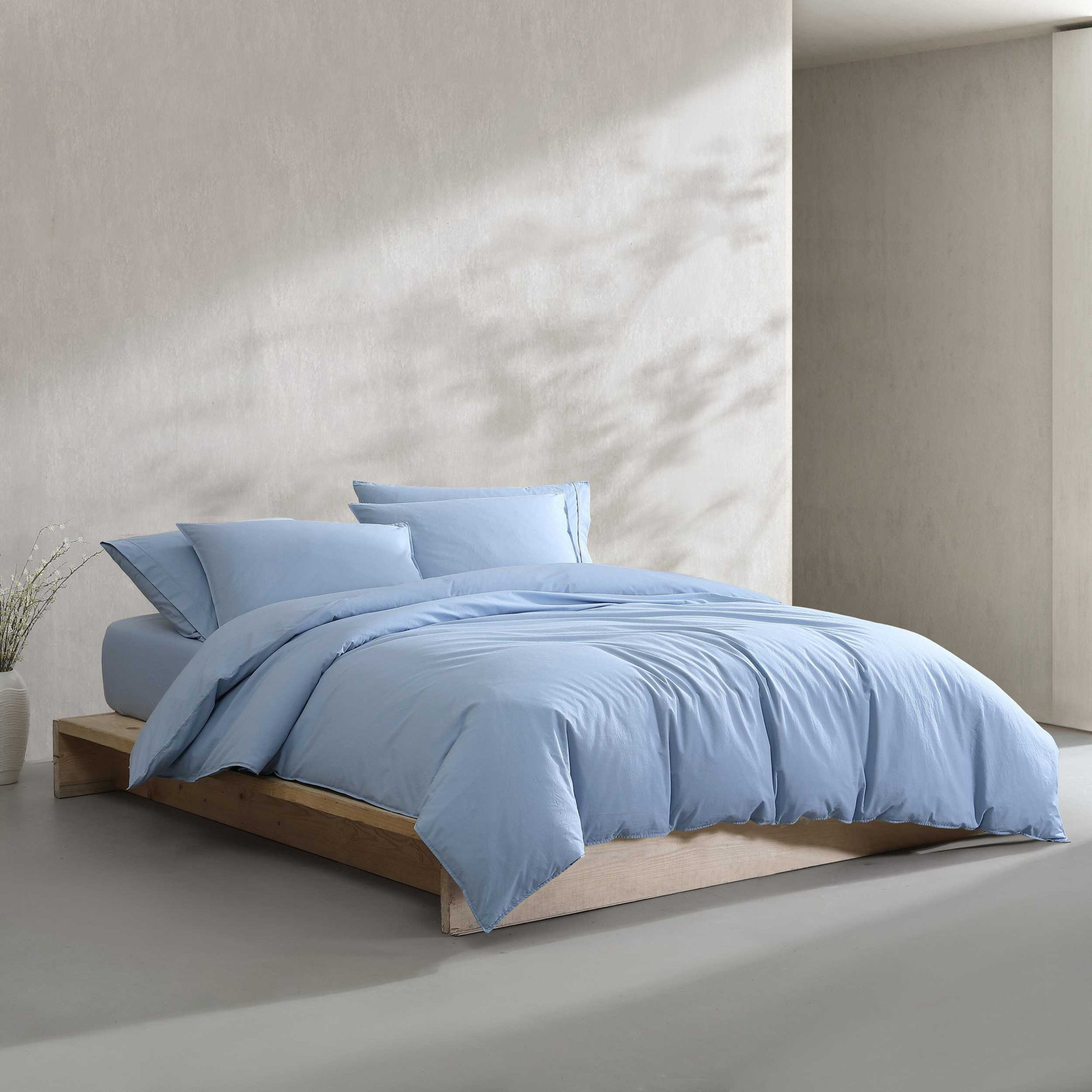 Calvin Klein Washed Percale Solid Cotton Duvet Cover Set, King Duvet Cover + 2 King Shams, Medium Blue