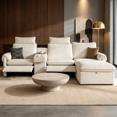 Modern Modular Power Recliner Sofa with Console and Storage Ottoman, Corduroy Fabric 4-Seat Sectional Sofa with Ottoman, White