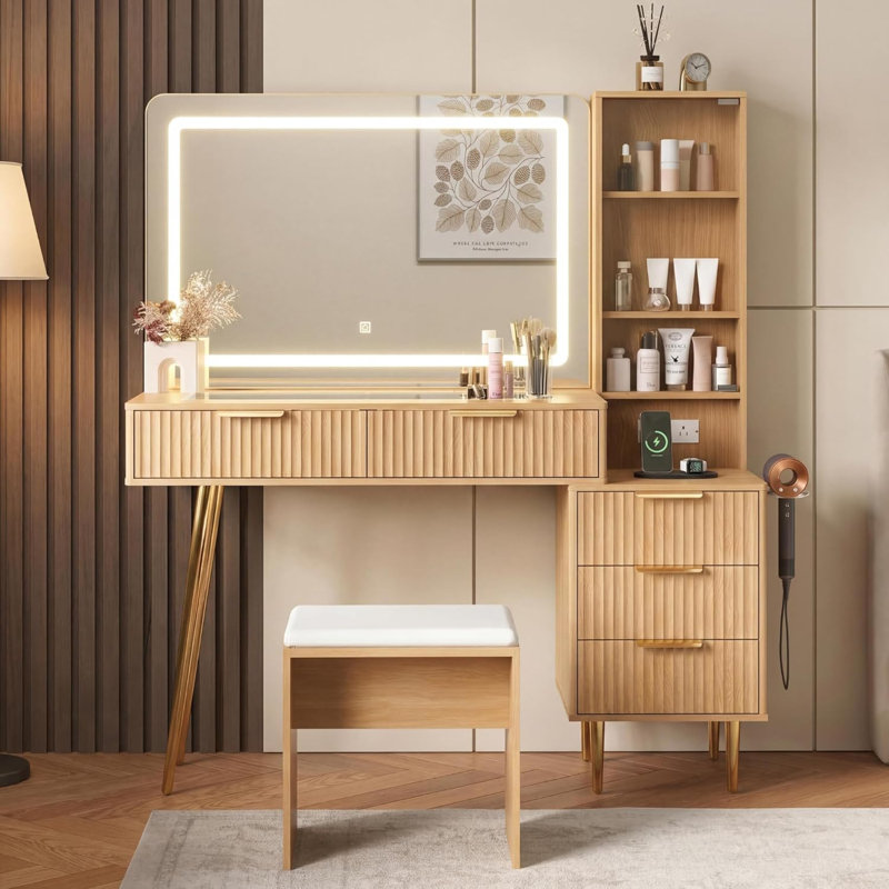 Fluted Vanity Desk with LED Mirror & Lights, 48" Makeup Table with Glass Top, Charging Station & Stool, Yellow