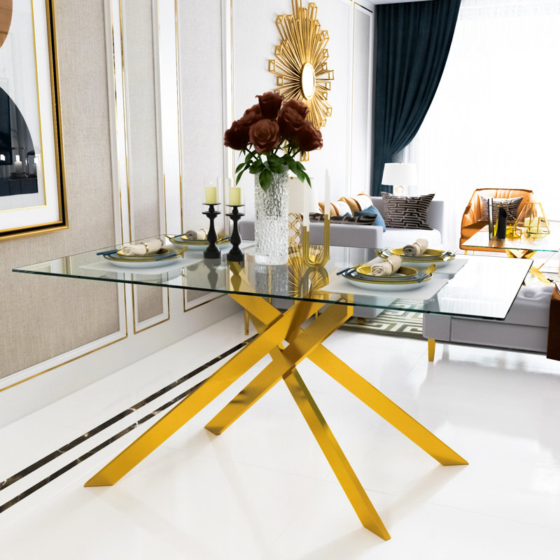 Table de salle à manger de 51,18 po rectangulaire en verre trempé transparent, conception élégante avec pieds en métal chromé argenté, table de salle à manger