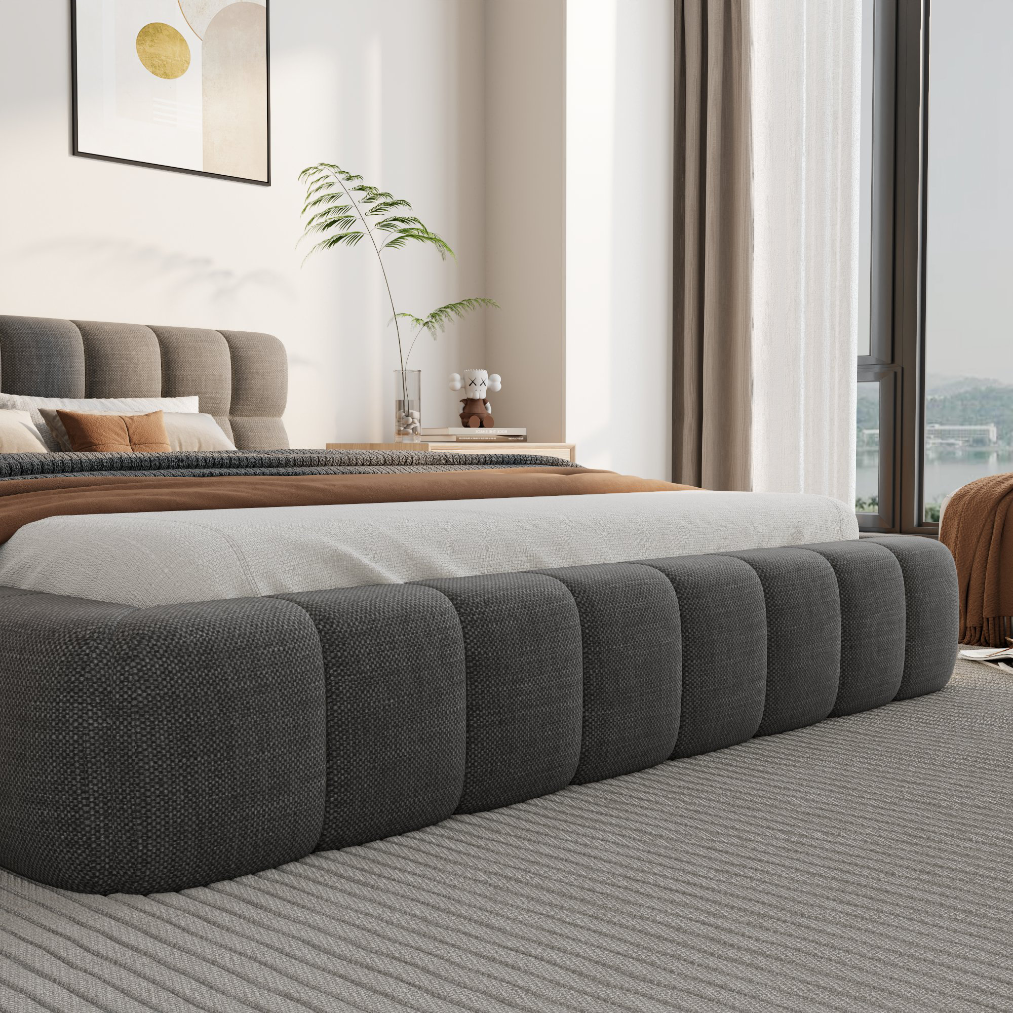 Katence Elegant Linen Queen Platform Bed with Upholstered Headboard and Solid Frame Stability