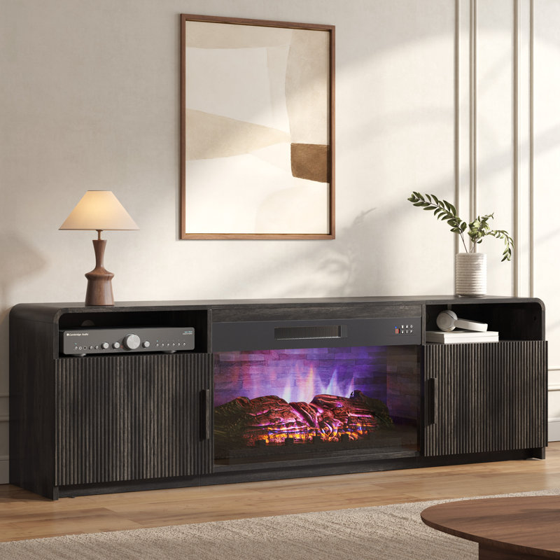 Meuble télé 70 po pour téléviseur de 75 po ou moins avec portes cannelées et grand rangement et bords arrondis, Noir