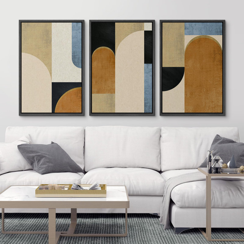 "Motif géométrique beige à blocs abstraits de style Mid-Century moderne, décor de chambre à coucher chic", 3 pièces, Noir