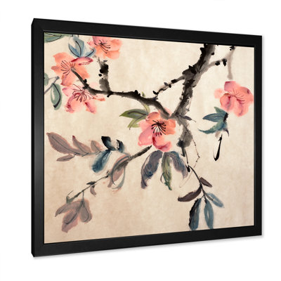 Fleurs asiatiques roses pastel - œuvre d'art traditionnelle sur toile