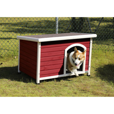 Niche pour chien de taille moyenne en rouge - Toit en asphalte imperméable et plancher surélevé avec rideaux de porte à hauteur réglable pour un maximum de 70 livres en bois pour chien avec plancher, capacité en livres