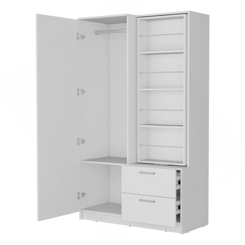 Armoire blanche avec rangement ouvert et 2 tiroirs