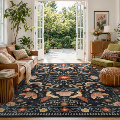  Boho Bird Area Rug Washable Rugs for Living Room, Large Floral Bedroom Carpet Low-Pile