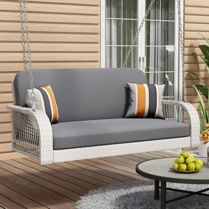 Winston Porter GO PE Wicker Porch Swing, 2-Seater Hanging Bench With Chains, Patio Furniture Swing For Backyard Garden Poolside