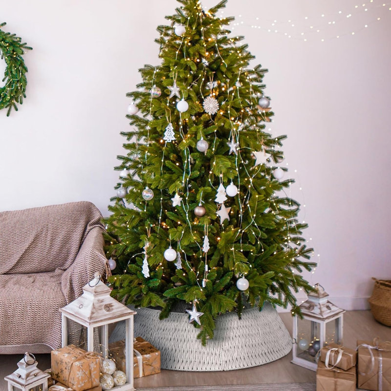 Boho Farmhouse White Woven Christmas Tree Skirt – Rustic Base Cover