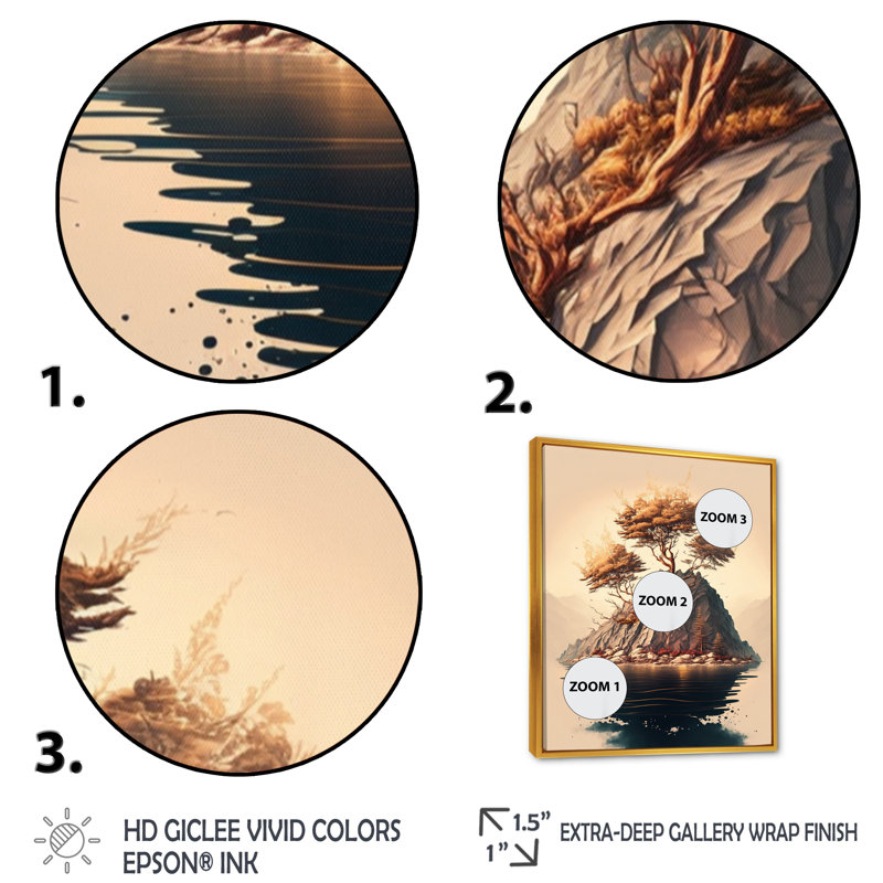 «Bright Bonsai Tree On Rock III», art mural moderne sur toile, L 12 po x H 20 po, Cadre flottant doré