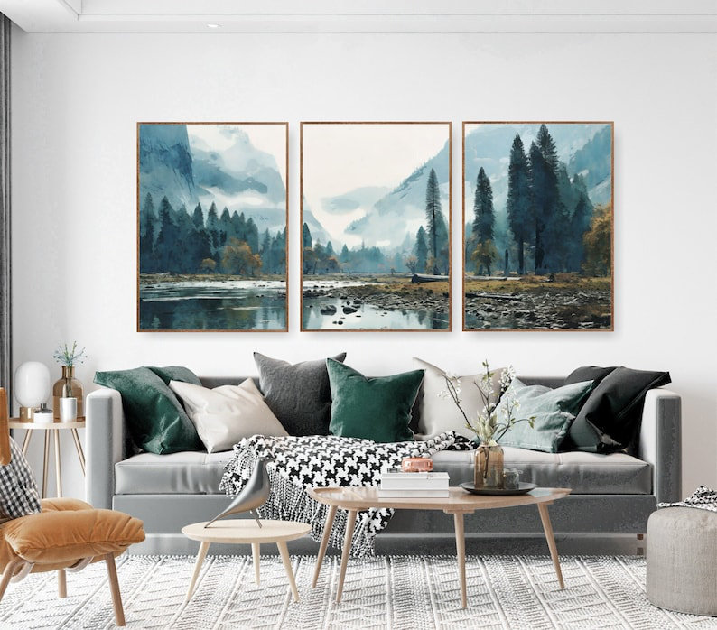 Ensemble de 3 œuvres d'art murales Yosemite National Park, H 47 po x l 99 po x P 1,5 po, Toile tendue