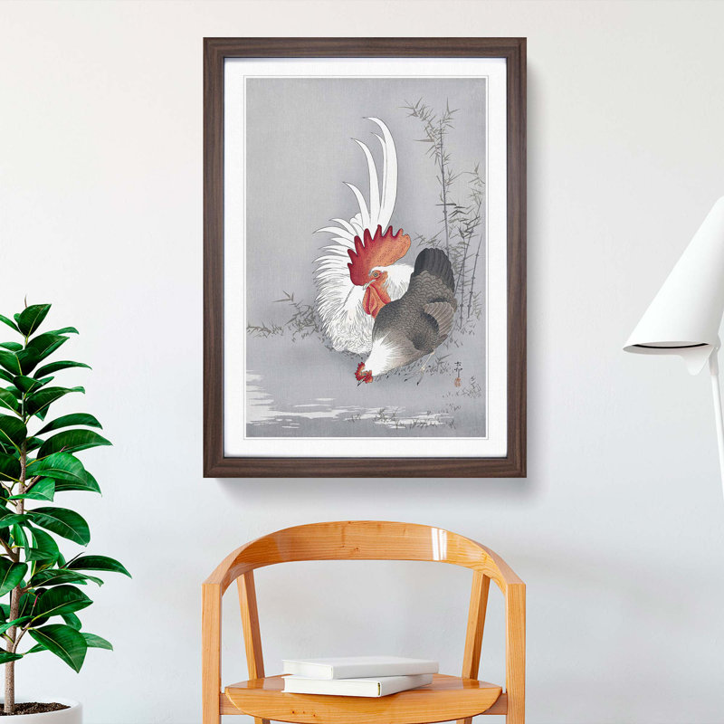 Rooster & Chicken by Ohara Koson - Picture Frame Graphic Art Print, 50cm H x 35cm W x 2cm D, Walnut