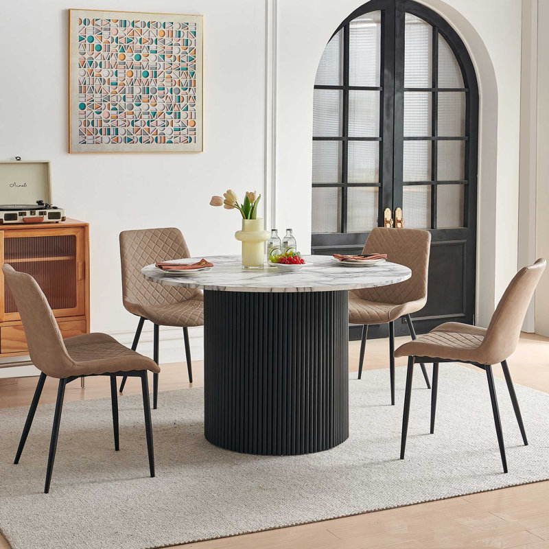 4-Person Dining Set, Beige, White Marble
