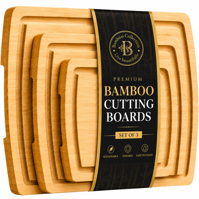 Ensemble de 3 planches à découper en bambou naturel avec rainures à jus et poignées latérales