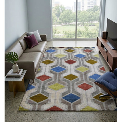 Geometric Hand Knotted Viscose Multicolor Rectangle Indoor Area Rug