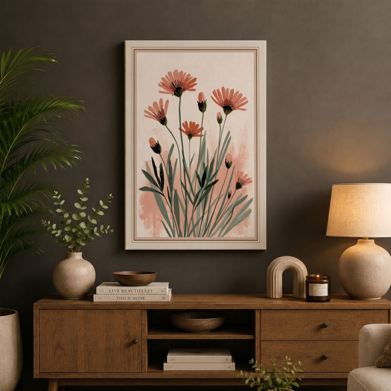 Coral Daisy Study Botanical - Wrapped Canvas, 36x24 - 91.4 x 61.0 cm, White Border