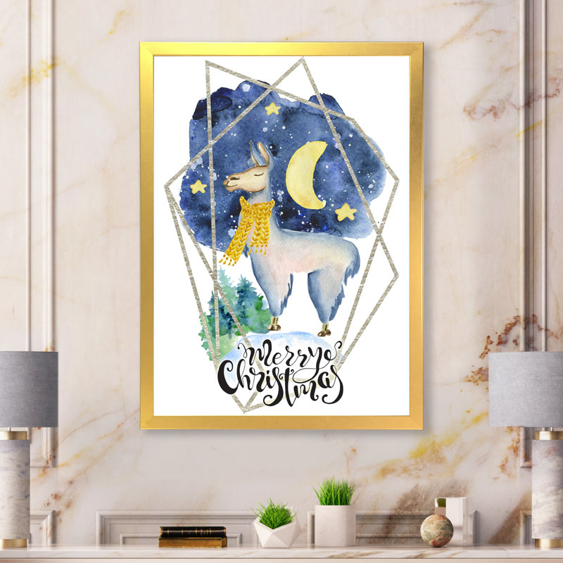 «Cute Christmas Llama» - Art sur toile pour enfants, H 40 po x l 30 po x P 1,5 po, Toile encadrée dorée