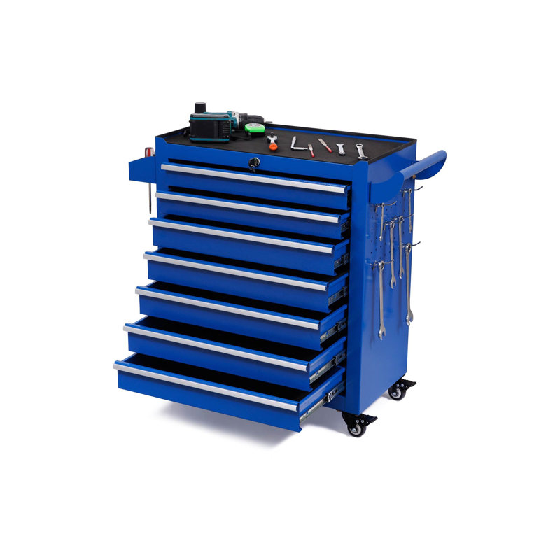  7 Drawer Rolling Tool Cabinet with Lockable Storage and Wheels, Blue