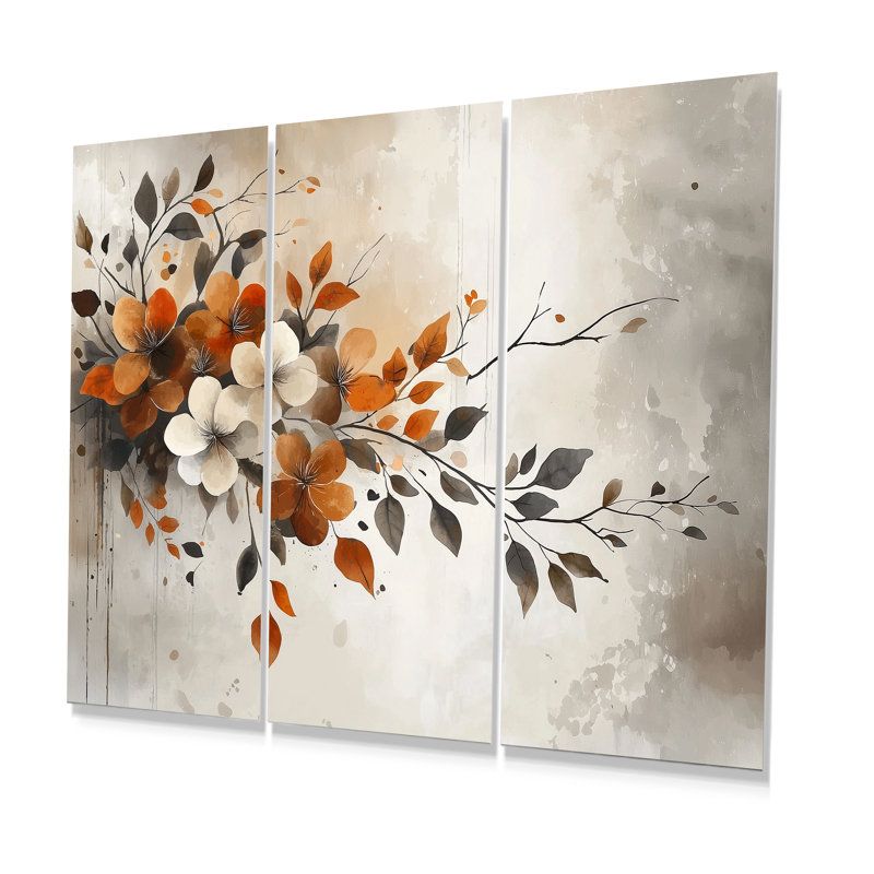 Ensemble d'impressions botaniques orange, beige et cerisier en fleurs, Métal métal, H 32 po x l 48 po x P 1 po