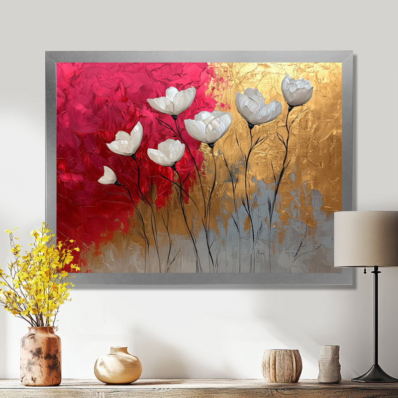 Fleurs roses et dorées, forme pure de marbre II - coquelicot, art mural, Argent, H 30 po x l 40 po, Picture Framed