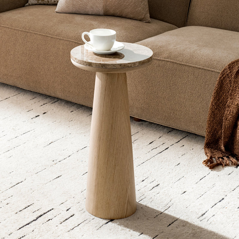 Oxner 24"Tall Modern Round End Table with Genuine Marble Top and Oak, Oak