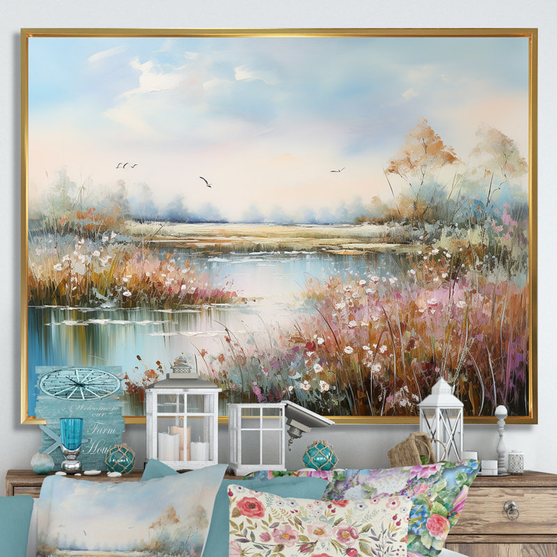 «Flower Meadow Charm» sur impression sur toile, Cadre flottant doré, H 24 po x l 32 po x P 1 po